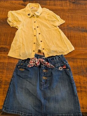 Girl's Chipie Yellow Gingham Shirt And Blue Denim Skirt (Size 6Y)